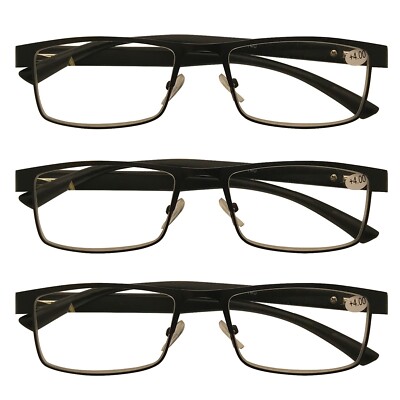 3 Packs Mens Rectangle Metal Frame Reading Glasses Black Spring Hinge Readers 