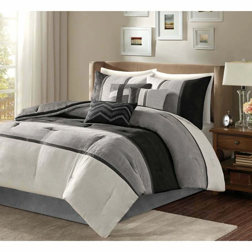 SOFT MODERN BLACK GREY SILVER LEAF TEXTURED COMFORTER SET PILLOWS KING QUEEN