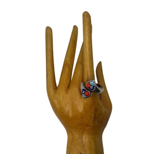 Alan K Sterling silver Murano Venetian Millefiore glass adjust. Ring wrap hearts