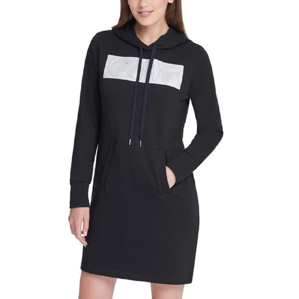 Calvin Klein Womens Hooded Sweatshirt Dress Black