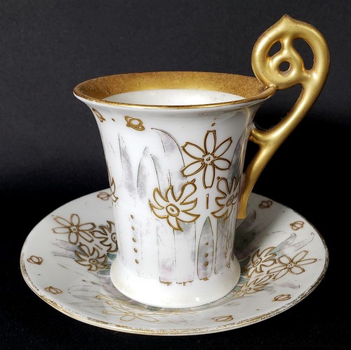 Antique Painted Gold Flower Accent Teacup Cup & Saucer Ovington Bros. Austria