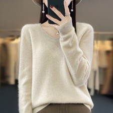 100 Wool Cashmere Women's V-neck Solid Color Pullover Knitted Base Sweater