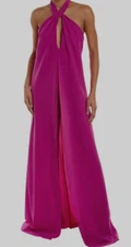 $597 Halston Women's Pink Twisted-Front Cutout Halter Dani Jumpsuit Size 12
