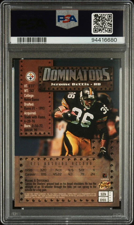 JEROME BETTIS 1997 Topps Finest w/ Coating Steelers #329 MINT PSA 9 - Image 2 of 2