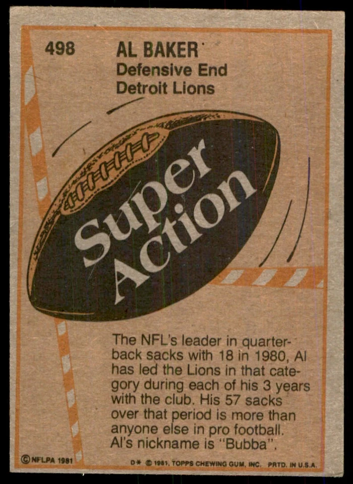 1981 TOPPS AL BAKER DETROIT LIONS #498 - Image 2 of 2