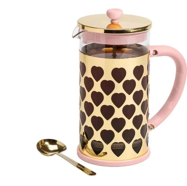 Paris Hilton French Press Coffee Maker With Heart Shaped Gold and Pink