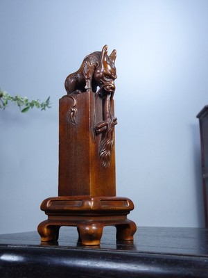 Old Tibetan boxwood qilin spitting jade seal