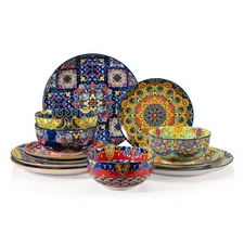 Ceramic Dinnerware Sets for 4,12 Pieces Boho Plates and Bowls for Kitchen,Hou...