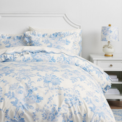 Potterybarn LoveShackFancy Damask Ruffle Duvet Cover Blue F/Q + 2 Standard Shams