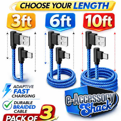 3 Pack 90 Degree Fast Charge USB-C to USB-A Cable Type C Charger Cord L Charging