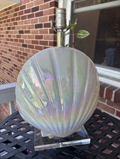 Vtg Glass Lamp Shell Beach Shore Décor Iridescent Costal Mid Century Pearlescent