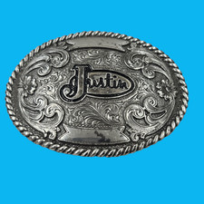 Justin Brand Western Belt Buckle Floral Scroll Rope Edge Engraved Silver Tone