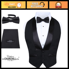 Men's 100 Wool Backless Tuxedo Vest Satin Bow Tie Set - Formal Black Attire