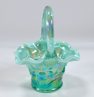 1991 Gibson Green Opalescent Glass Basket 6'' Vintage