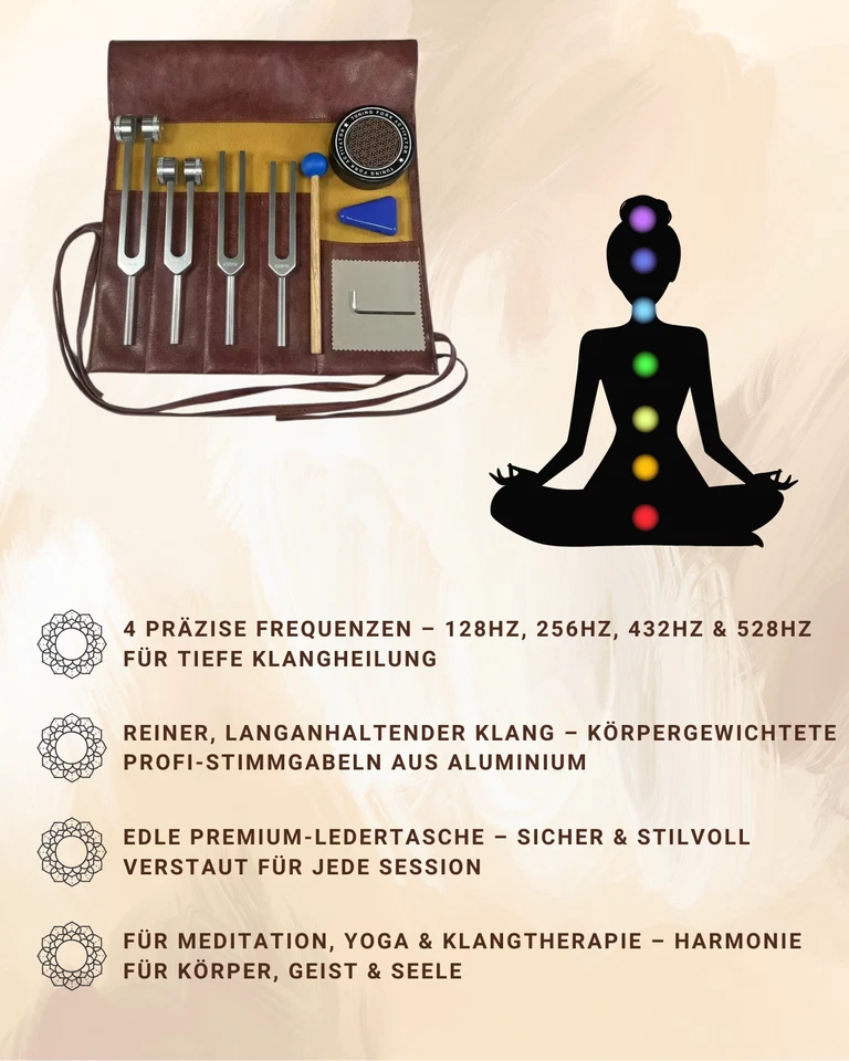 4er Stimmgabel Set 128Hz 256Hz 432Hz 528Hz Klangtherapie Yoga Meditation Tasche - Bild 2 von 4