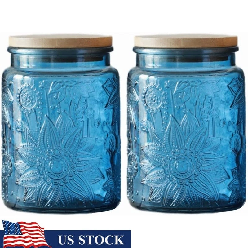 Vintage Embossed Glass Jar Airtight Food Storage Canister Coffee Tea Snacks New