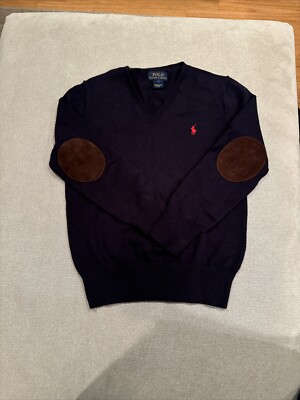 Polo Ralph Lauren Boys Sweater Navy Blue V Neck With Brown Elbow Patches Size 7