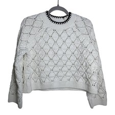 ZARA Crochet Sweater Knit Openwork Girls Size 9-10 Ivory White Black Trim Youth