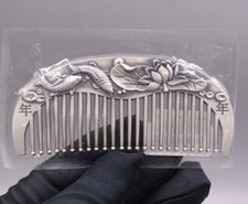 Pure 999 Fine Silver Hair Comb Lotus Fish Leaf Healthy Hair Care 4inchL/61-62g