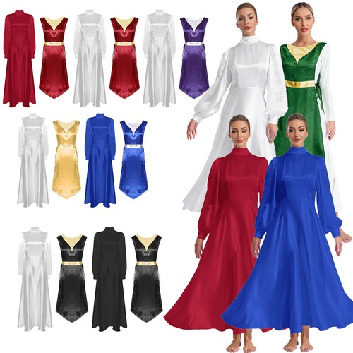 Women Outfits Robe Dress Sides Split Dancewear Festival Choir Long Puff Sleeves - Picture 6 of 129