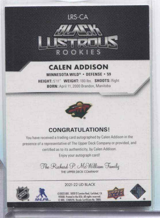 Calen Addison Wild 2021-22 UD Black Lustrous Rookies Auto /199 021423MLCD50 - Image 2 of 2