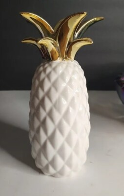 Retro Vintage Milk Glass Pineapple Vase With Gold Leaves Hawaiian Tiki Style 