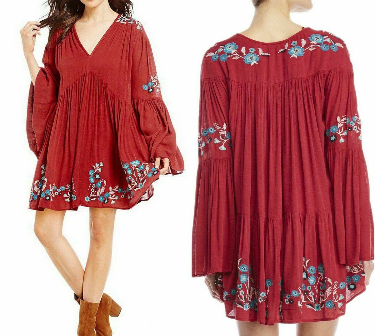 free people te amo mini dress FREE PEOPLE TE AMO MINI DRESS Sz S FLORAL EMBROIDERY RED COMBO BOHO NWT $148