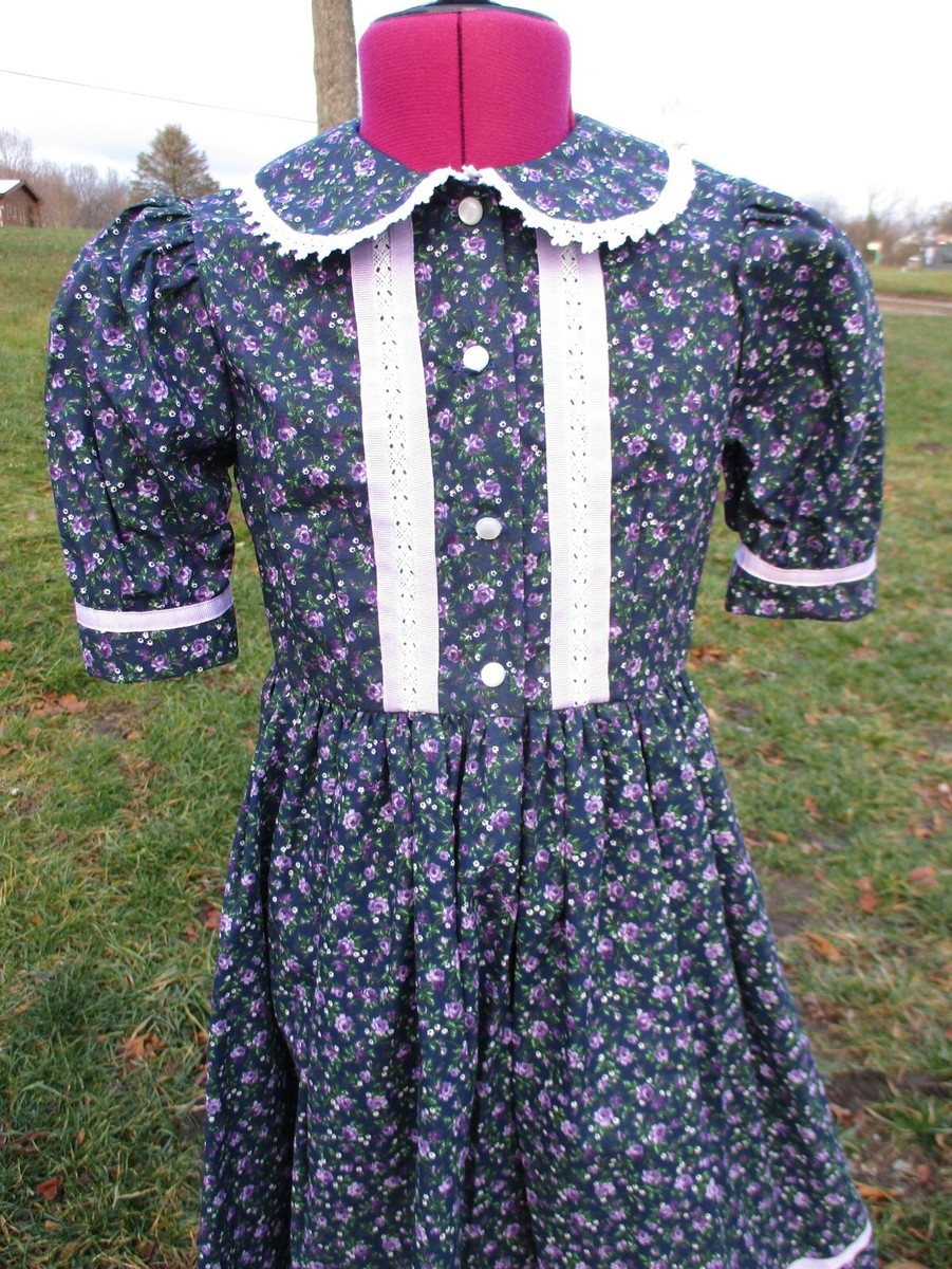 Girls' Pioneer 1800's sz 6/7 Navy/lavender cotton calico Historic