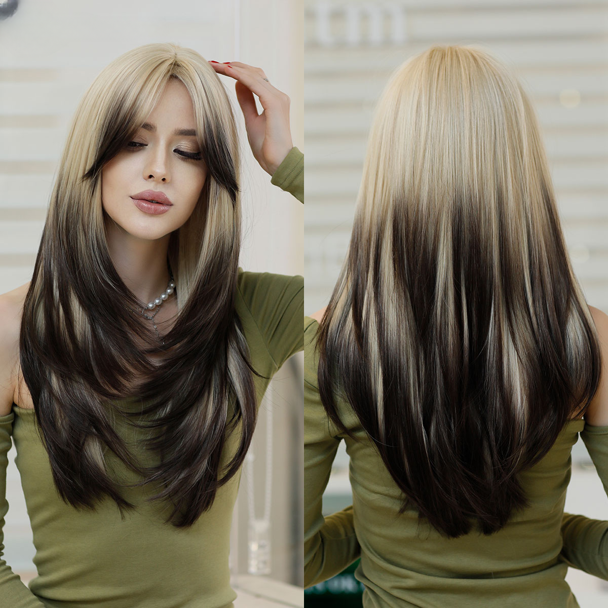 Wavy Long Ombre Blonde Wig with Bangs Medium Length Heat Resistant Synthetic EMMOR Ombre Blonde Wigs with Bangs - Long Wavy Layered  main image 2