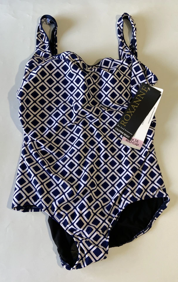 Купальник женский Roxanne размер 16 темно-синий белый 40D-чашка новый с Ярлыками с подкладкой подушечки квадратный вырез - Изображение 3 из 4