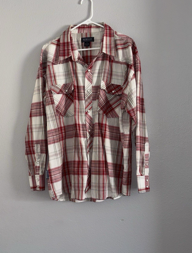 Renegade Mens Red White Plaid Pearl Snap Button Shirt Size XL - Picture 1 of 8