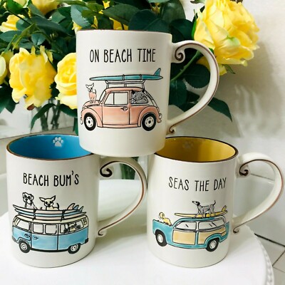 Spectrum Designz Surfing Pet Coffee Mug Cup Set BEACH BUMS ON TIME SEAS THE DAY