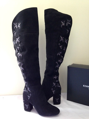 NEW Kenneth Cole New York Black Suede Leather Claire Embroidered Tall Boots 8 39