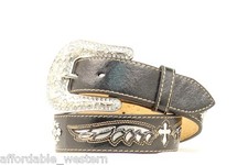 BLACK Silver LEATHER WINGED CROSS Kid's WESTERN BELT Buckle Cowkid N4429801 14