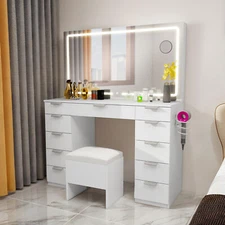 Vanity Desk Stool Makeup Table LED Light Mirror Drawers w/ Power Outlet White