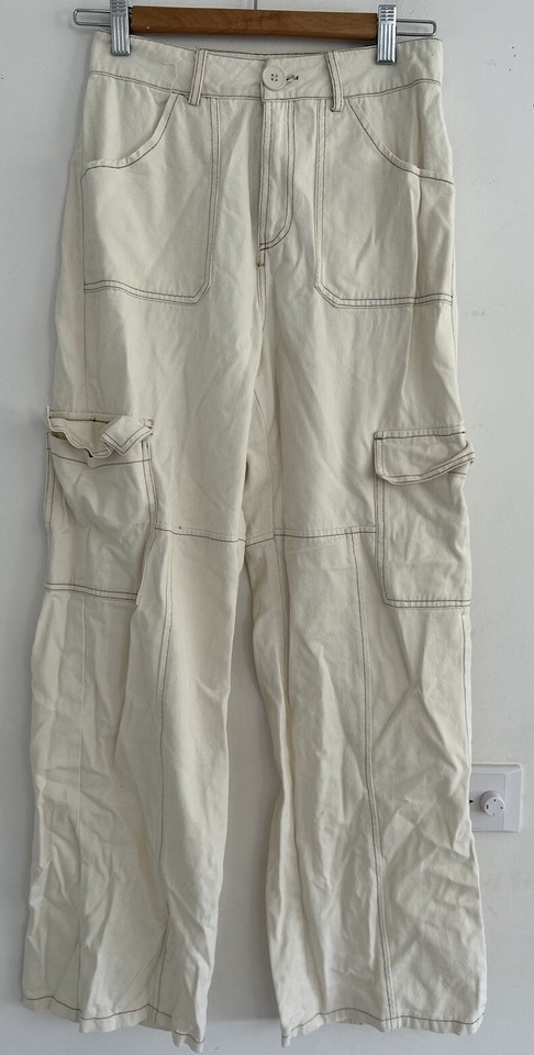 Mint Vanilla Beige Combat Trousers Pants Wide Leg Cotton Size 8