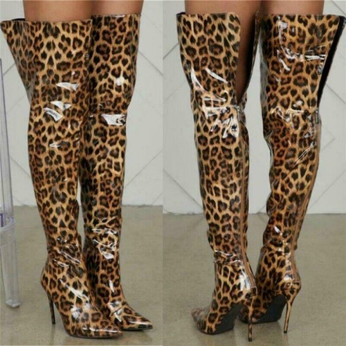 Sexy Para mujeres sobre la rodilla alta del muslo Botas Tacón Alto en Punta Zapatos  Leopardo Club | eBay