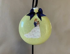 Handmade Beauty And The Beast “Belle & Prince Adam” 4” Disk Glass Ornament, New