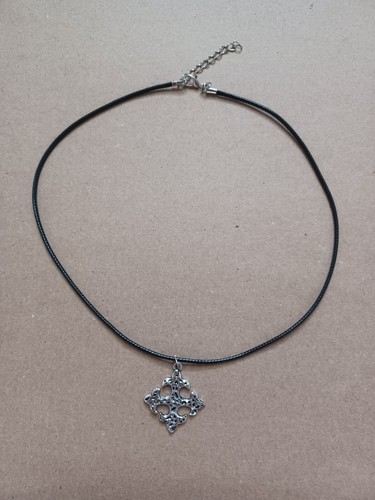 Y2K 2000s 90's Style Black Cord Necklace Silver Tone Maltese Cross Pendant Charm - Picture 2 of 8