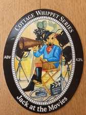 Beer pump clip badge, Cottage Brewing, Jack at the Movies, Dog Whippet theme
