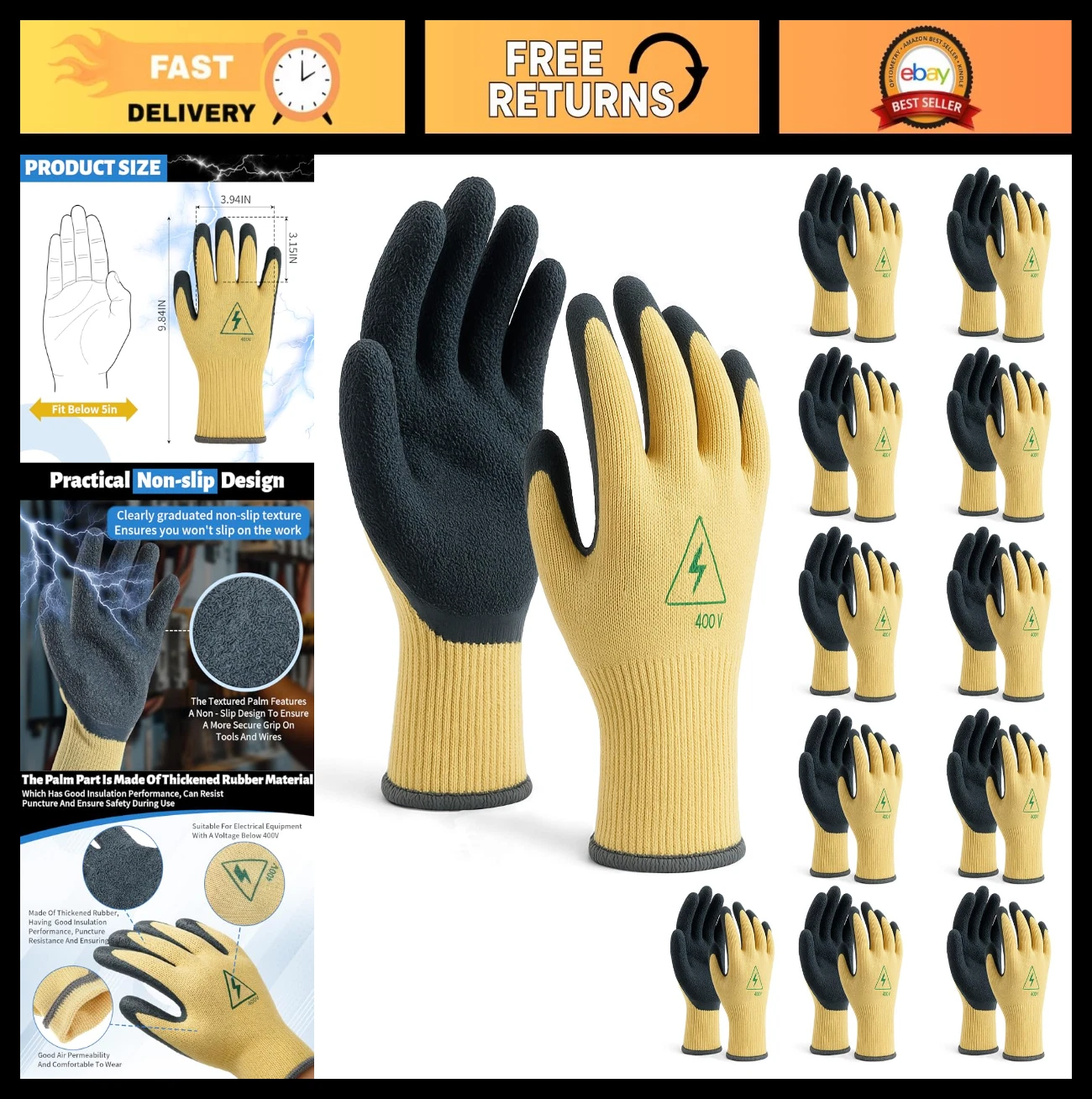 12 Pairs High Voltage Insulated Electrician Gloves, Non-Slip Rubber Work Gloves