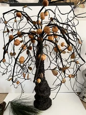 Primitive Folk Art Style Large Fall Tree W/ Foam Pumpkin Leaves Vtg Table Mantel