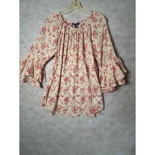 Chaps Womens XL Floral Cotton Gauze Peasant Blouse Ruffle Tiered Bell Sleeve