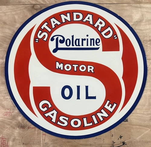 Vintage Standard Polarine Motor Oil & Gasoline Porcelain Enamel Sign 42x42" DSP.