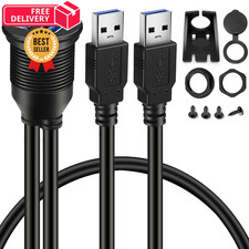 BATIGE 2 Ports Dual USB 3.0 Male to Female AUX Flush 1pcs 3ft, Black