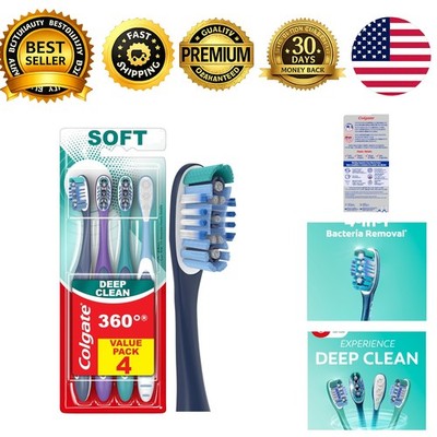 360 Deep Clean Soft Toothbrush 4 Count Floss Tip Tongue Cleaner Bacterial