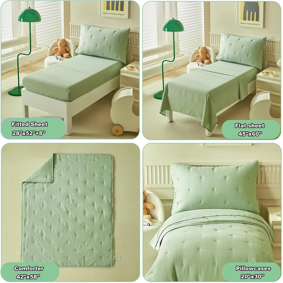 Juego de cama verde de 4 piezas para niños pequeños para niños niñas, cuna de microfibra bordada B... Foto 4 de 4