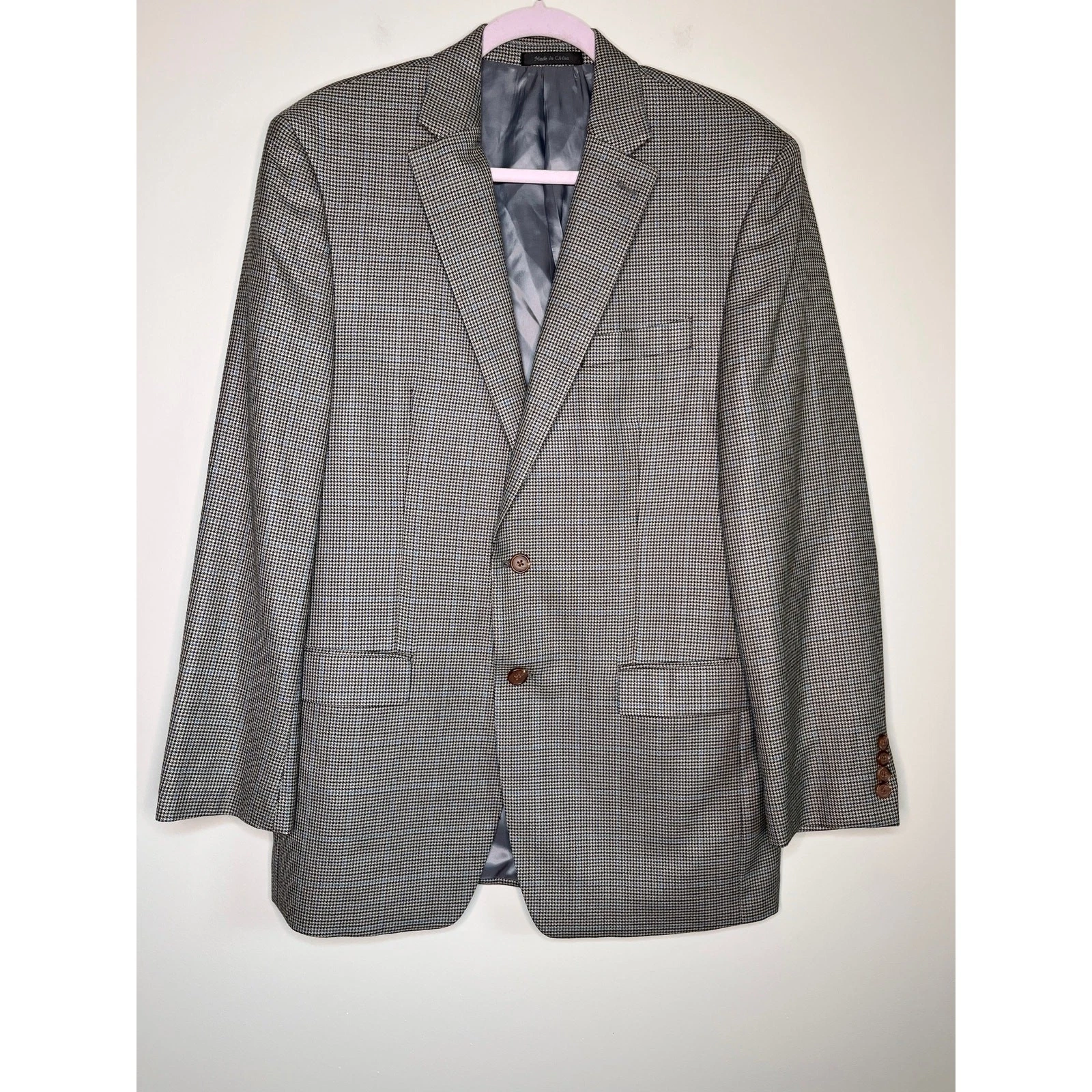 Lauren Ralph Lauren Blue Brown Houndstooth Silk Wool Old Money Office Blazer 42L