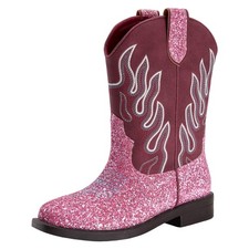 Toddler Girls Pink Glitter Cowboy Boots Western Square Toe Mid Calf Riding Shoes