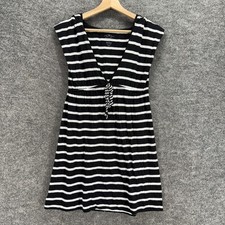 Old Navy Mini Dress Women M Medium Black Striped Short V-Neck Hooded Sleeveless